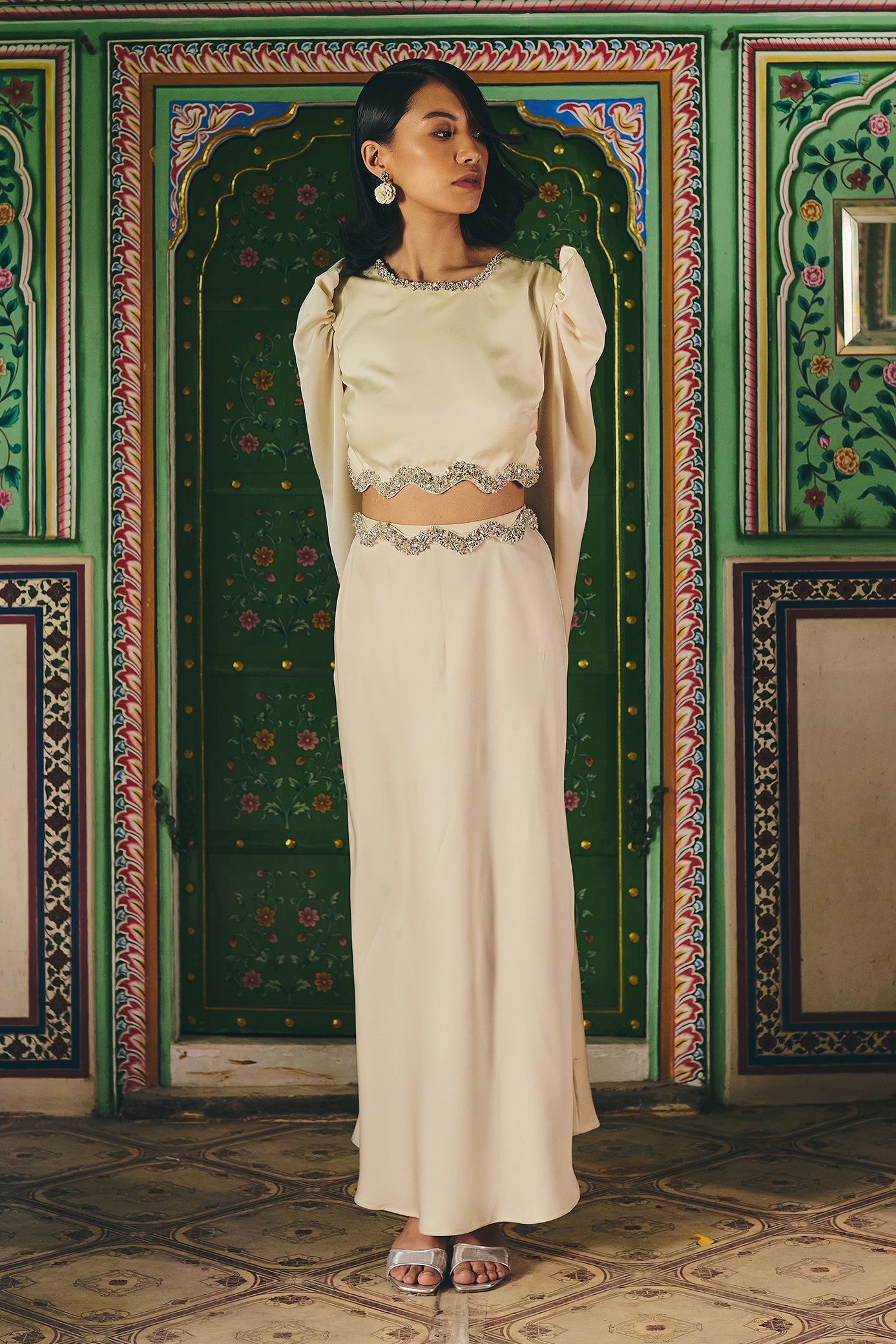 Ivory Satin Crop Top and Skirt Set