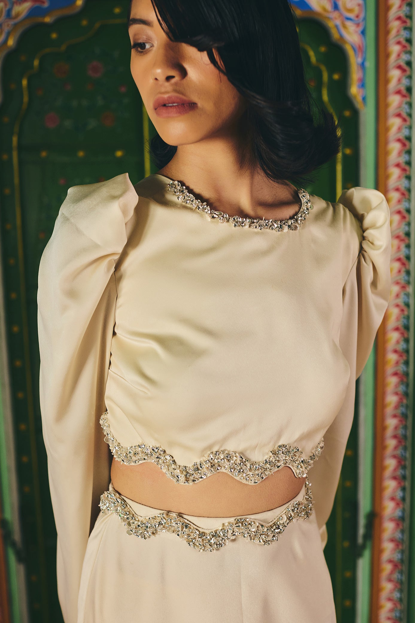 Ivory Satin Crop Top and Skirt Set
