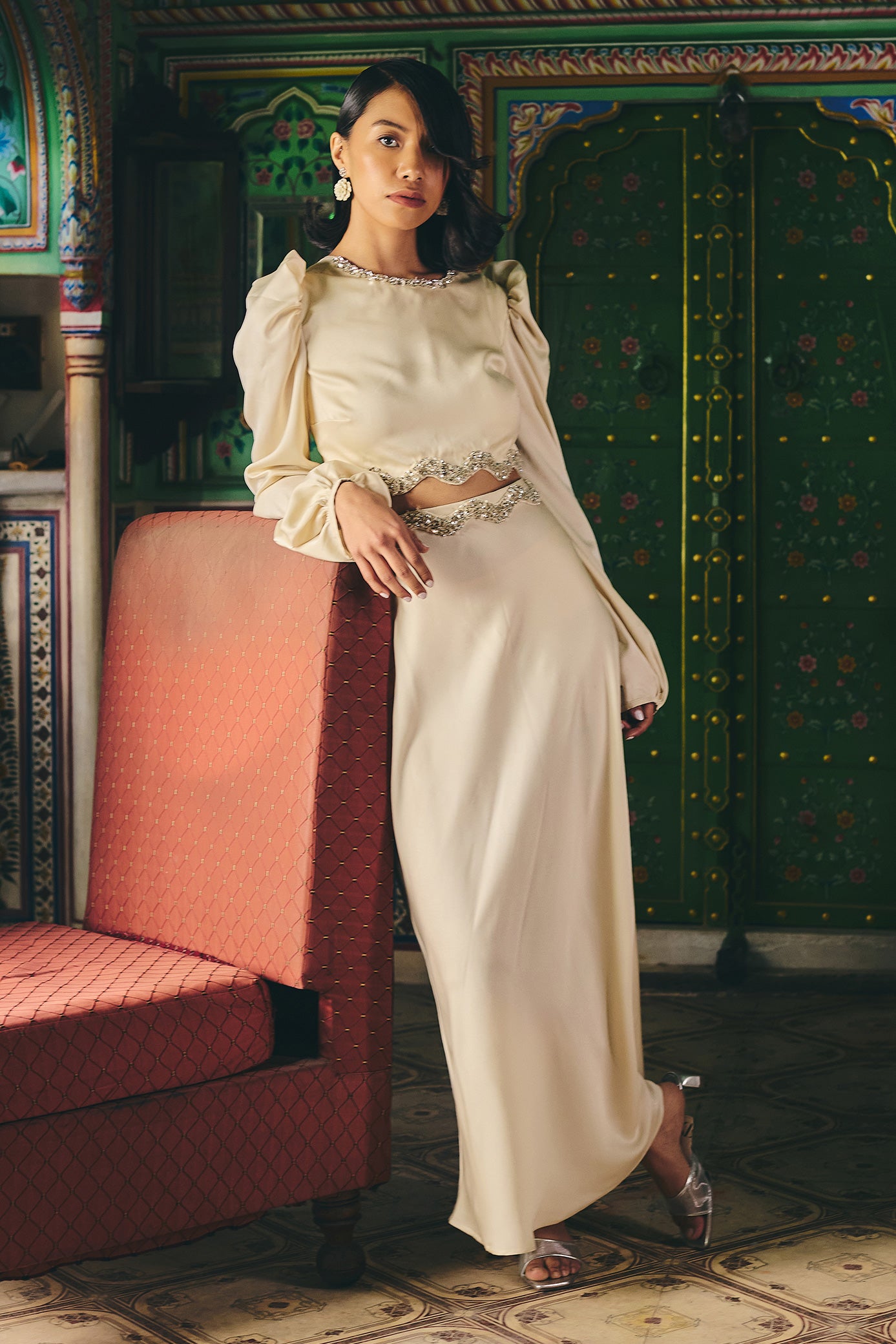 Ivory Satin Crop Top and Skirt Set