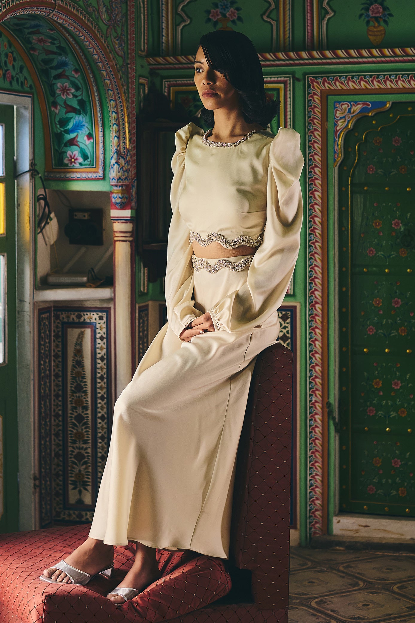 Ivory Satin Crop Top and Skirt Set