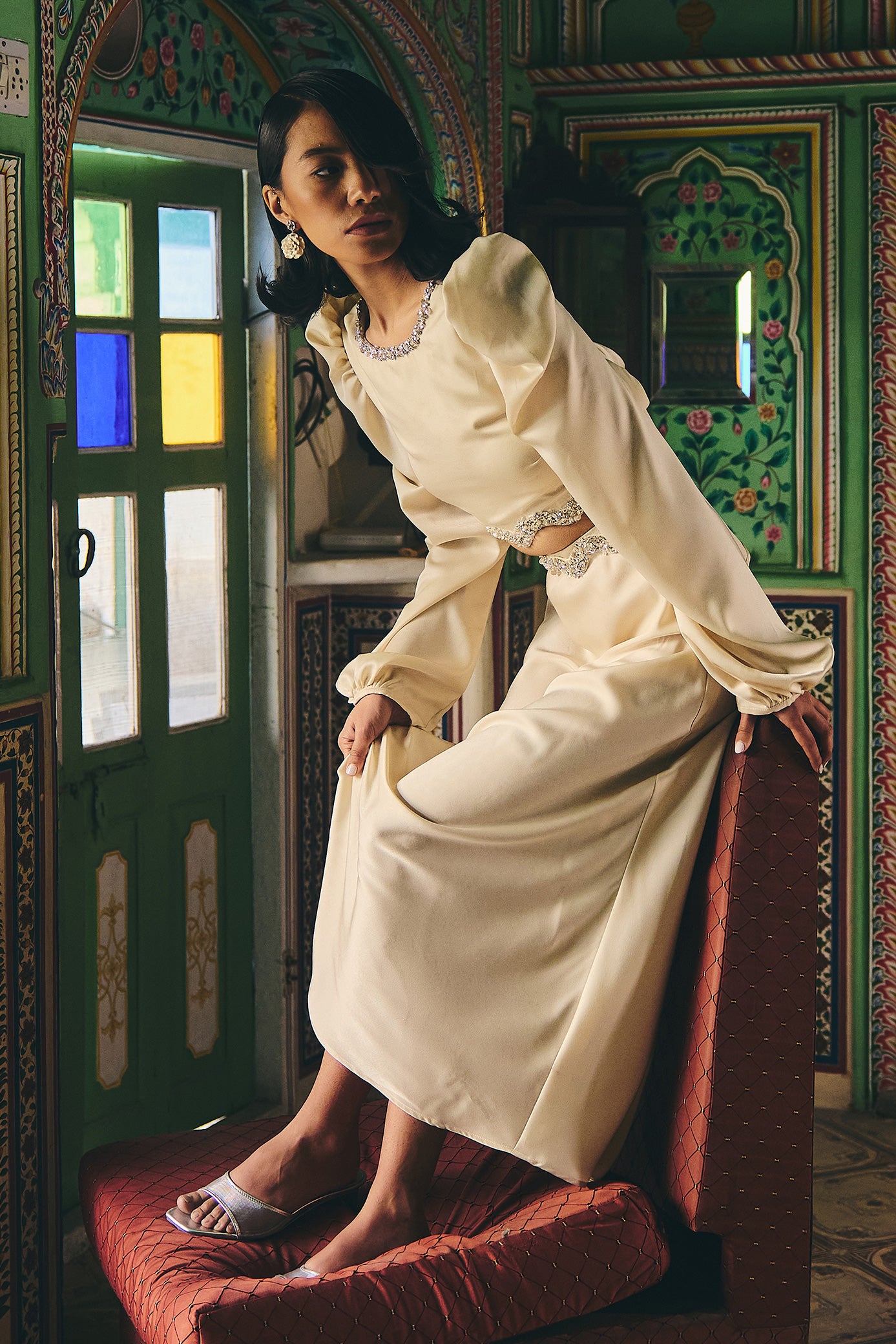 Ivory Satin Crop Top and Skirt Set