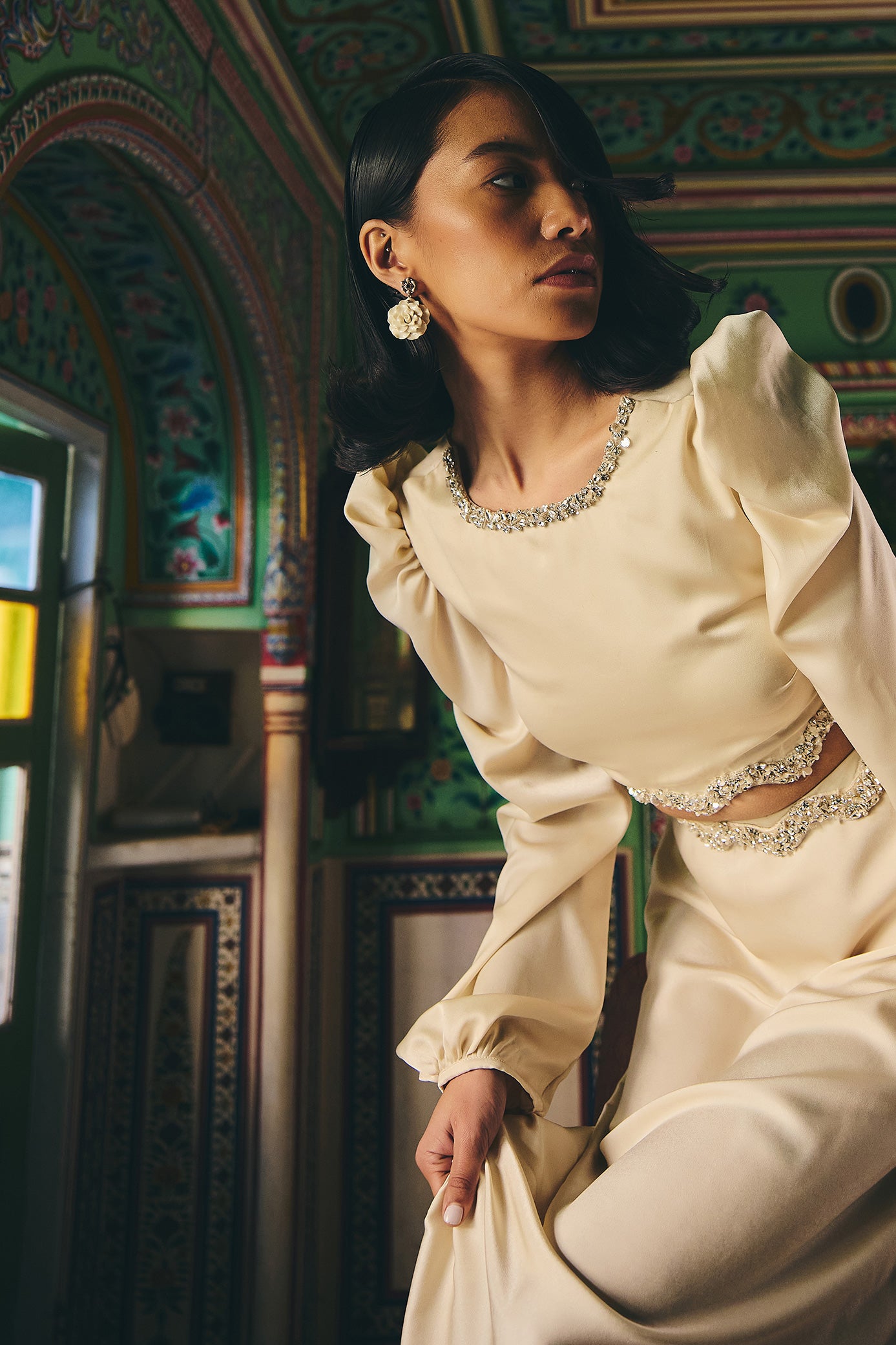 Ivory Satin Crop Top and Skirt Set