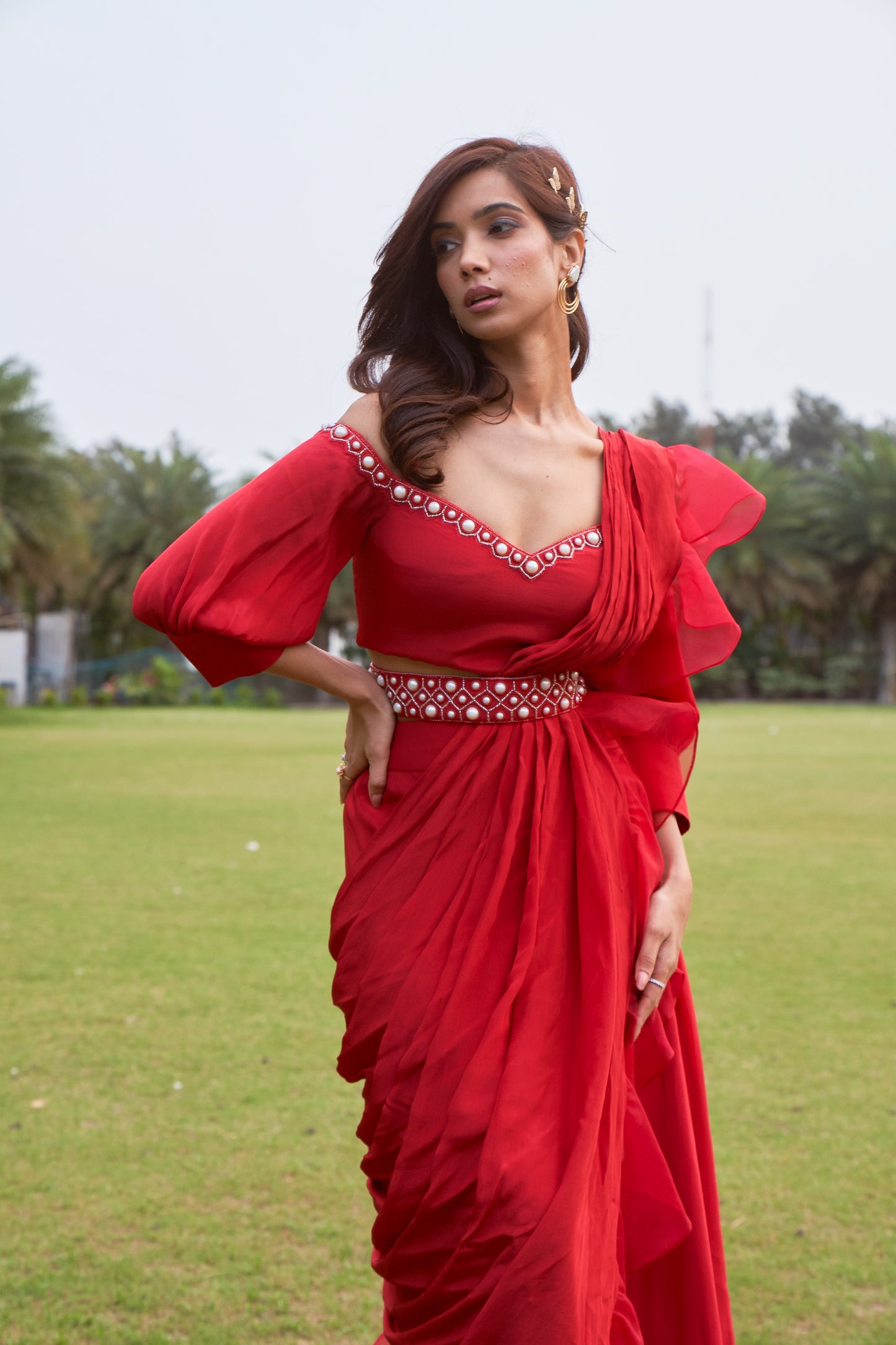 Cherry Red Drape Saree