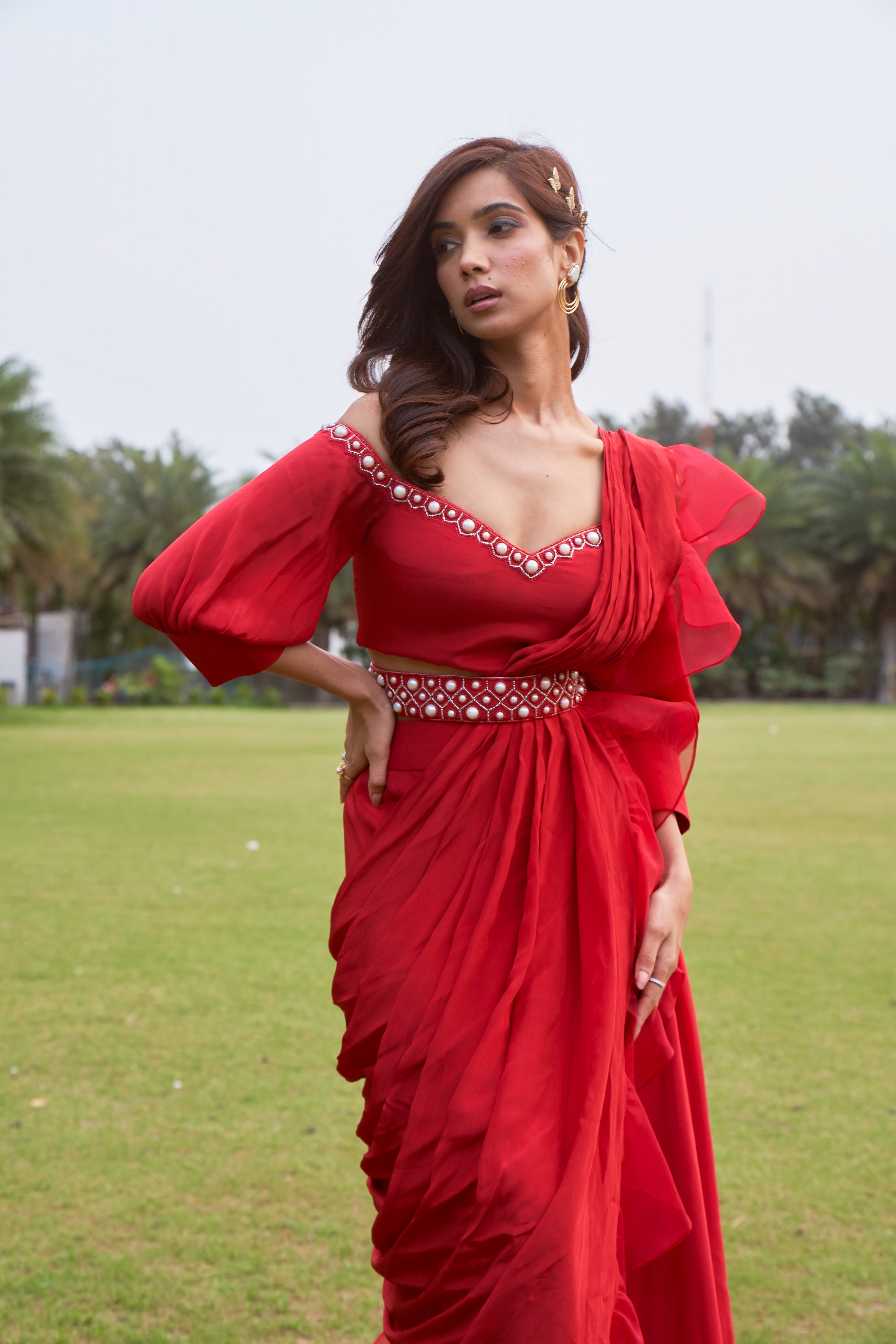 Cherry Red Drape Saree