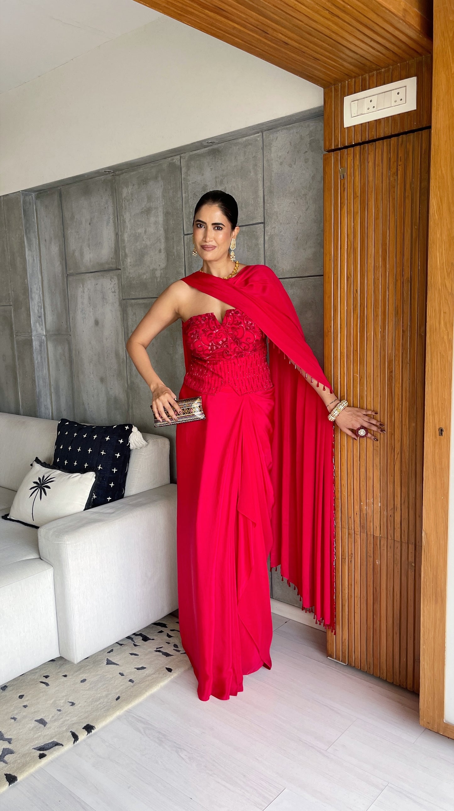 Rose Red Corset Drape Saree