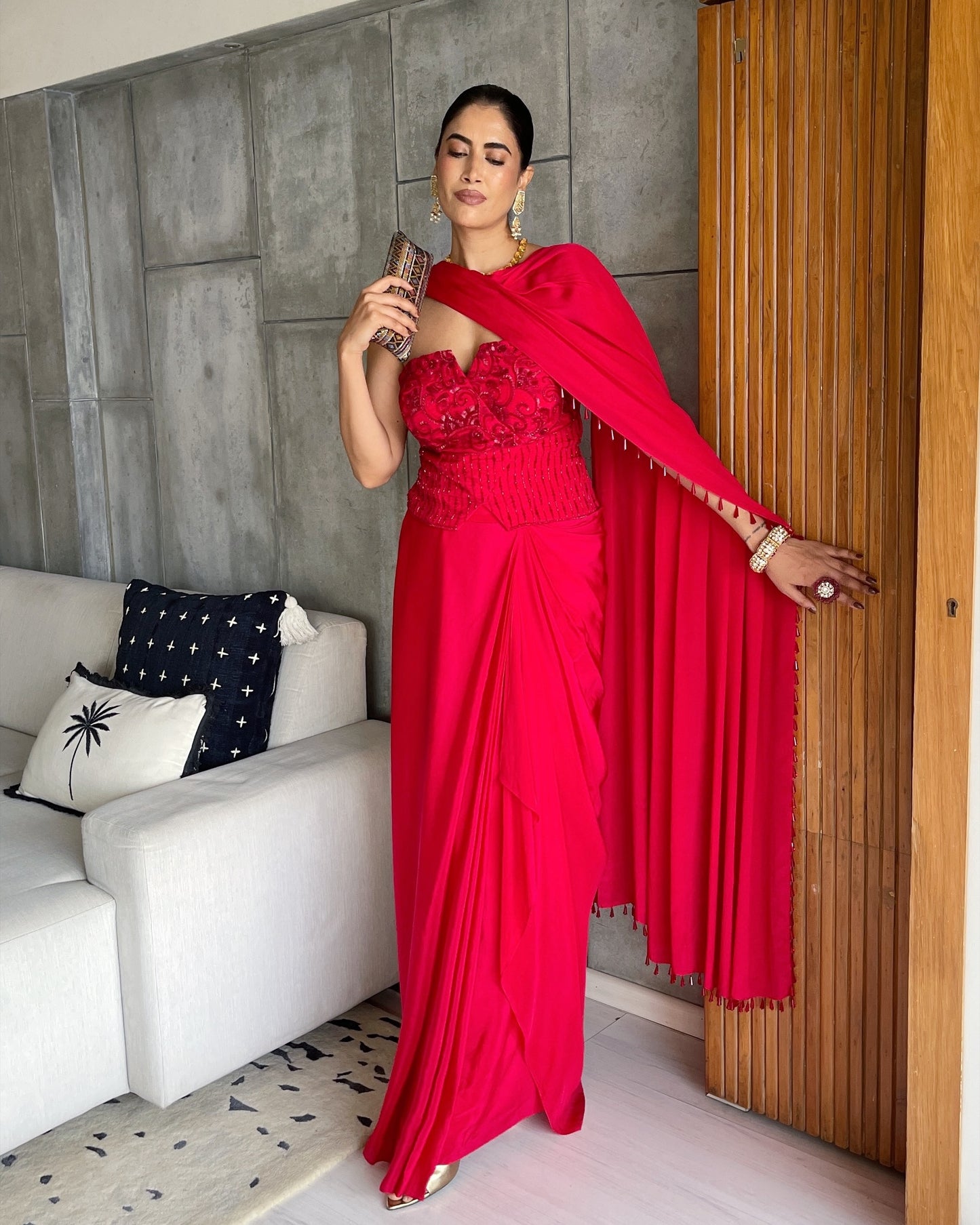 Rose Red Corset Drape Saree