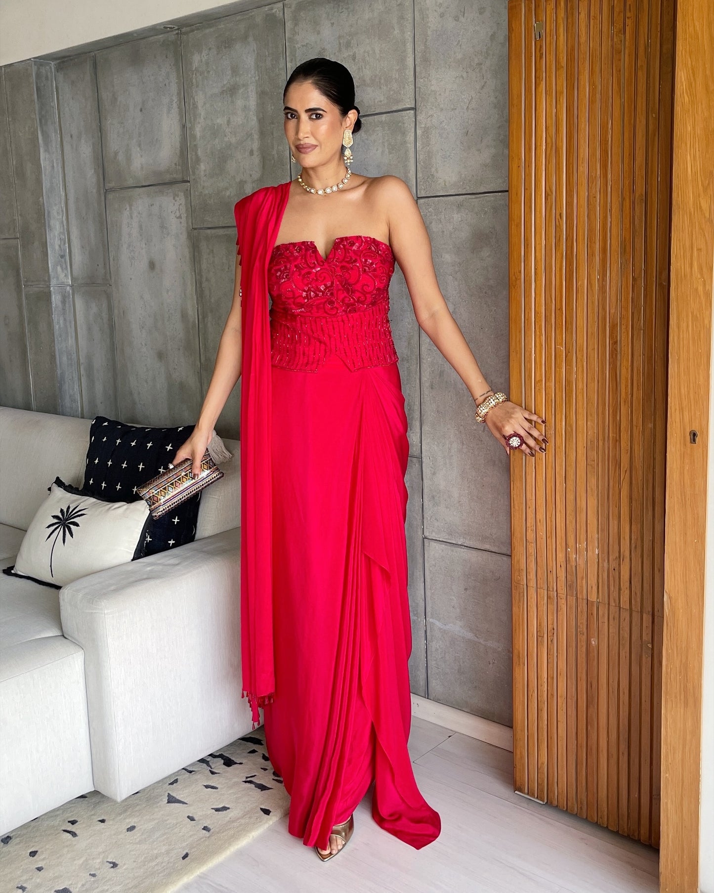 Rose Red Corset Drape Saree