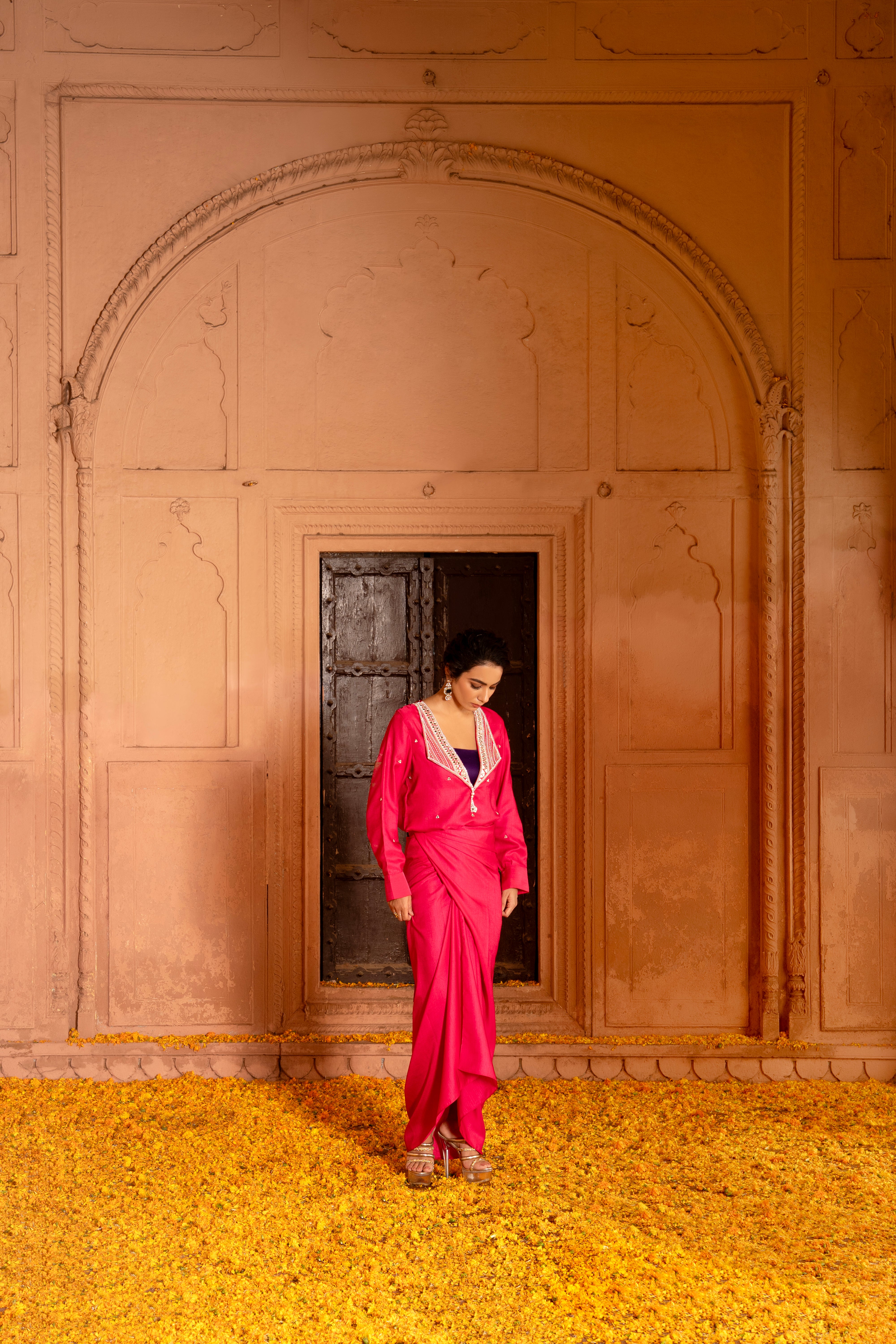 FUCHSIA DRAPE SKIRT AND TOP SET
