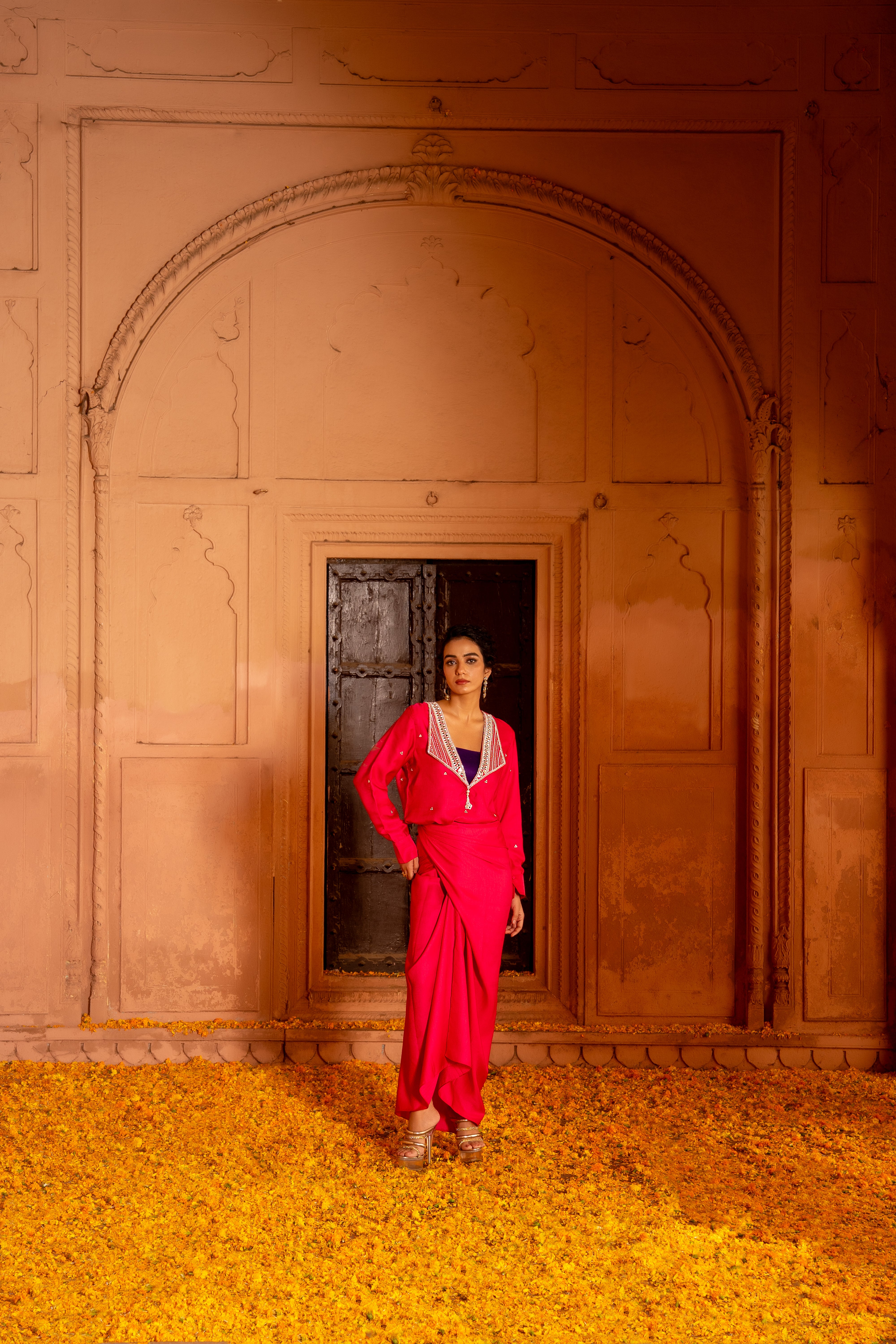 FUCHSIA DRAPE SKIRT AND TOP SET