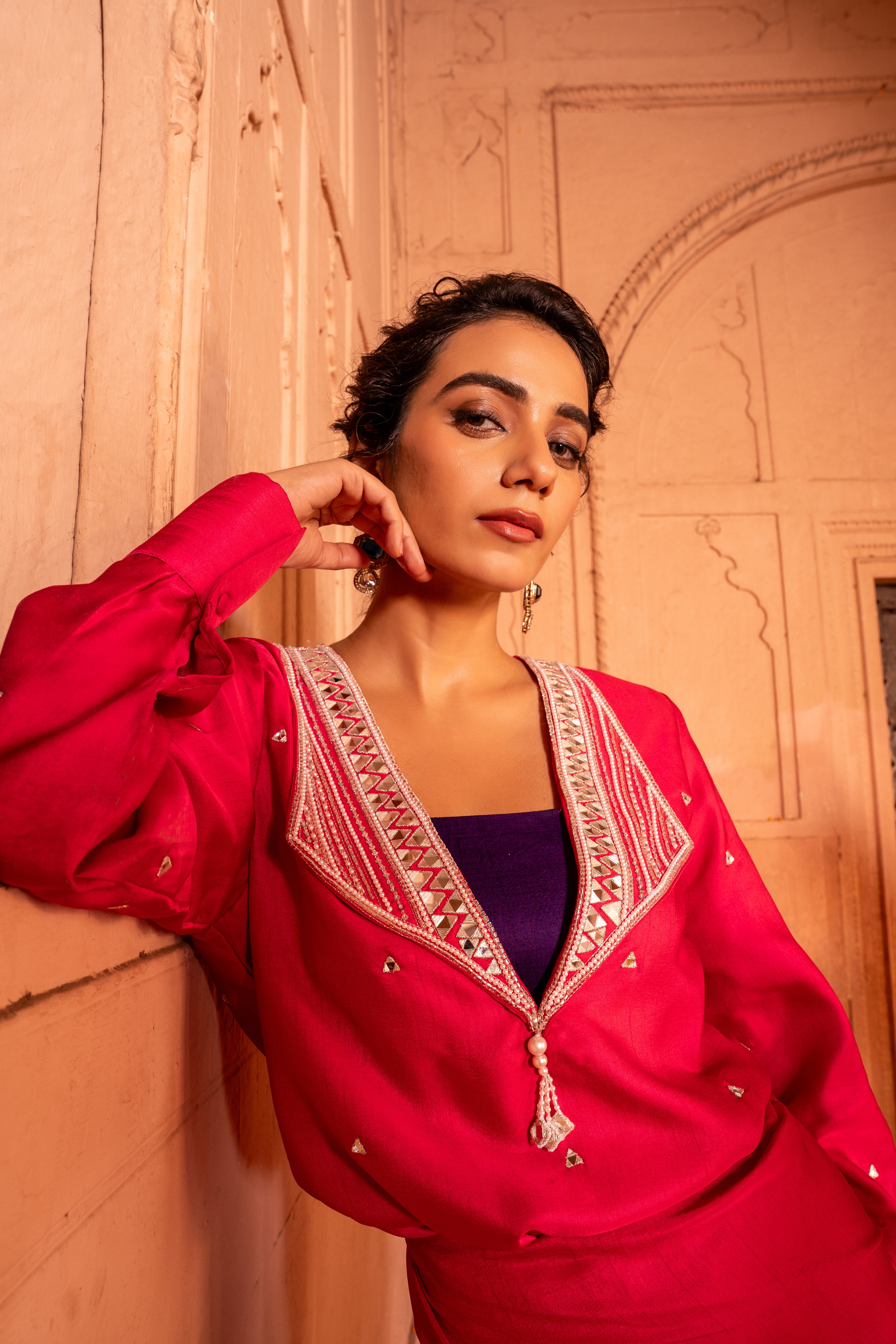 FUCHSIA DRAPE SKIRT AND TOP SET