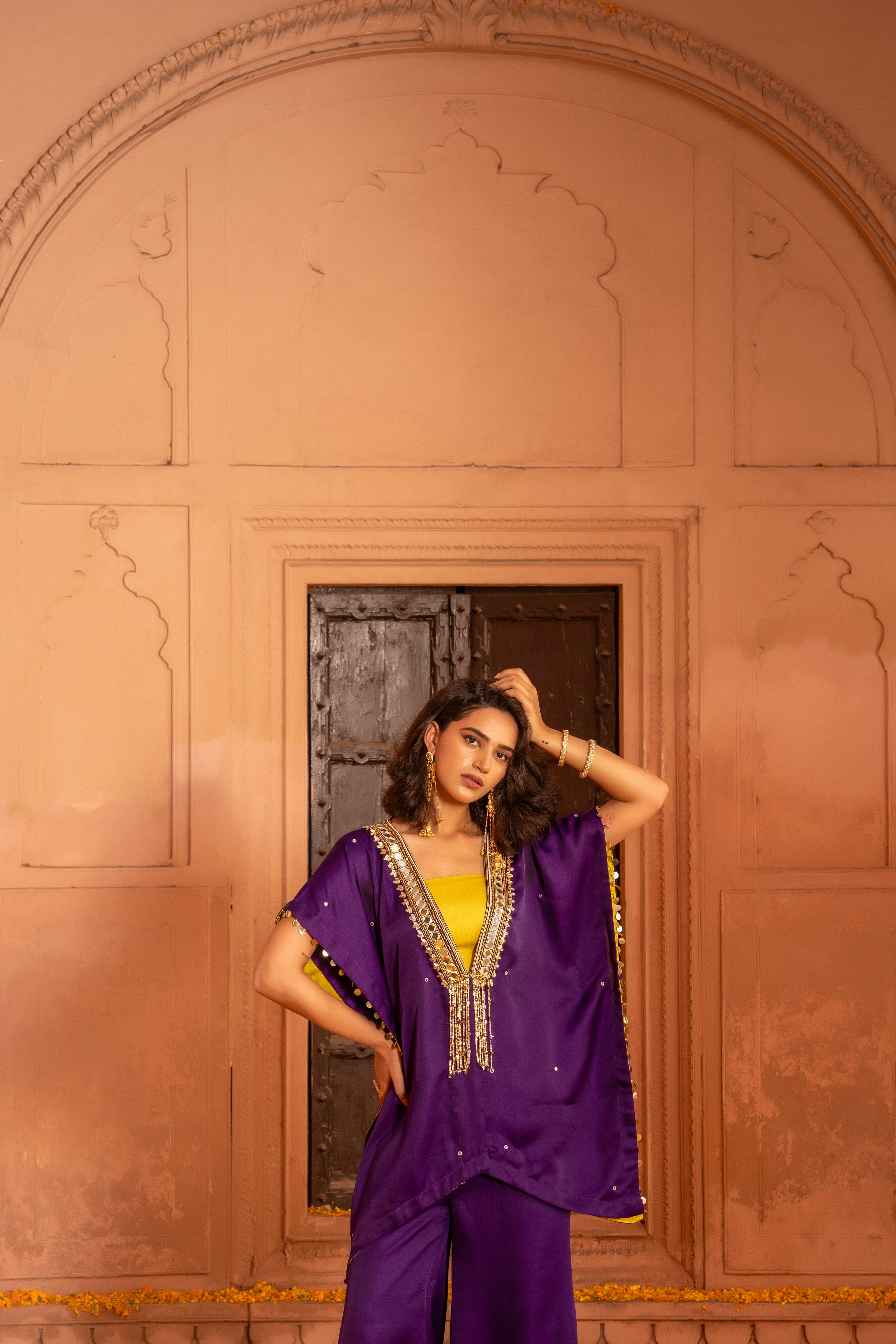 DEEP PURPLE  SHORT JACKET  WITH WIDE LEG BOTTOM