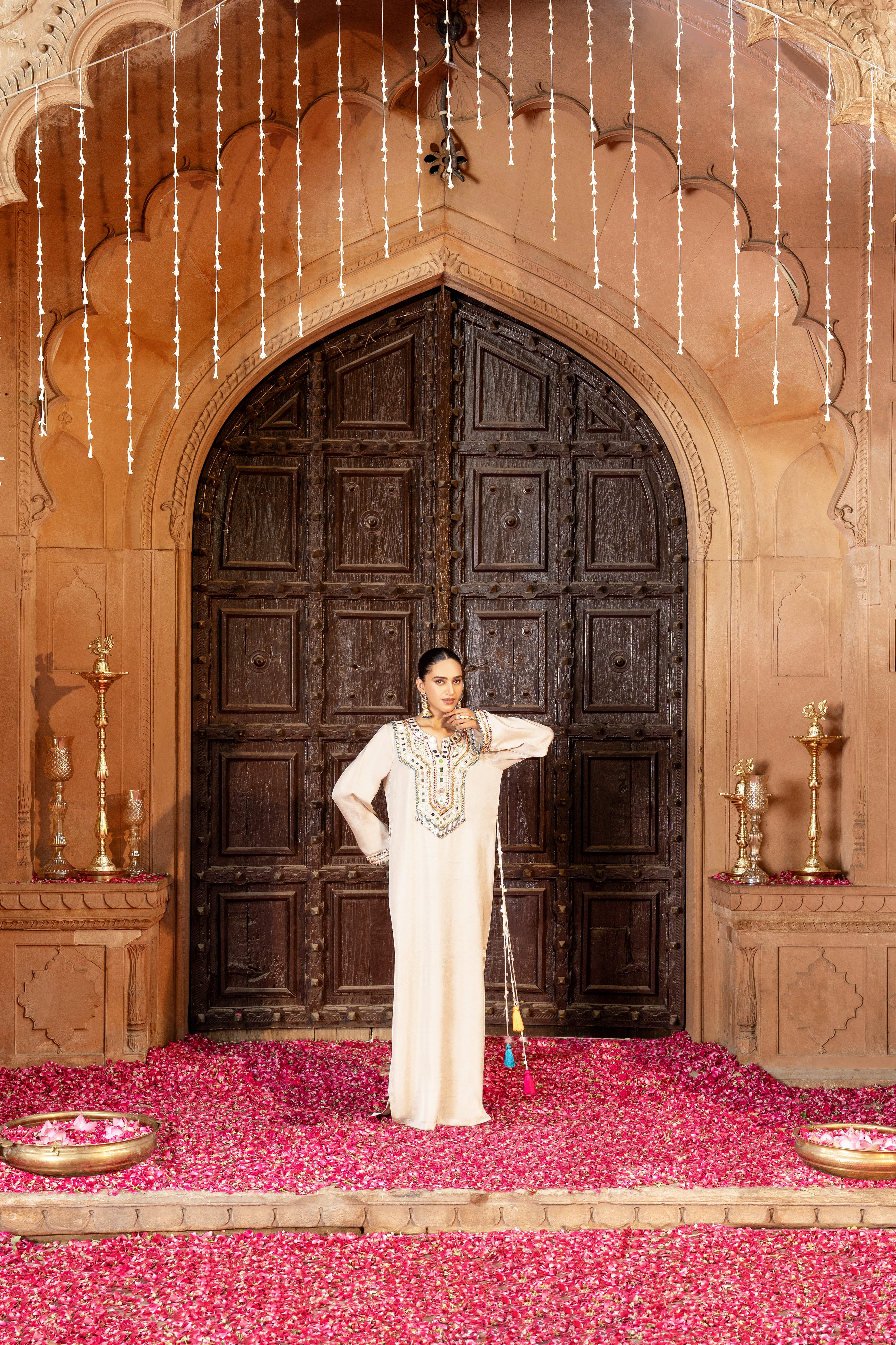 Champagne Beige Embellished Kaftan Dress