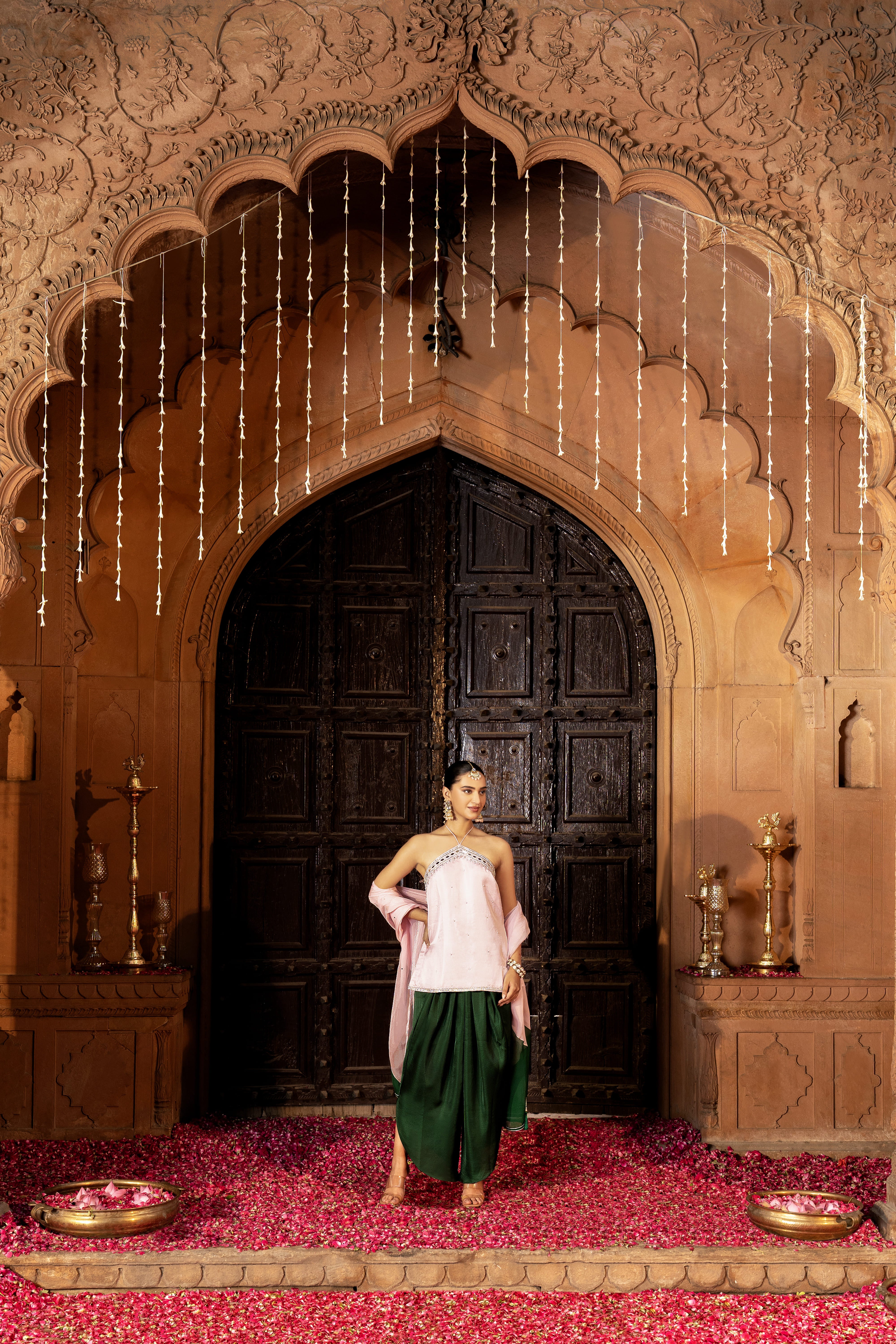 PINK HALTER SHORT KURTA WITH TULIP SALWAR SET