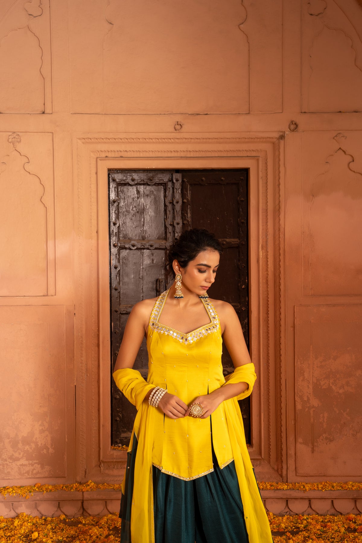 MUSTARD SHORT KURTA WITH TULIP SALWAR SET