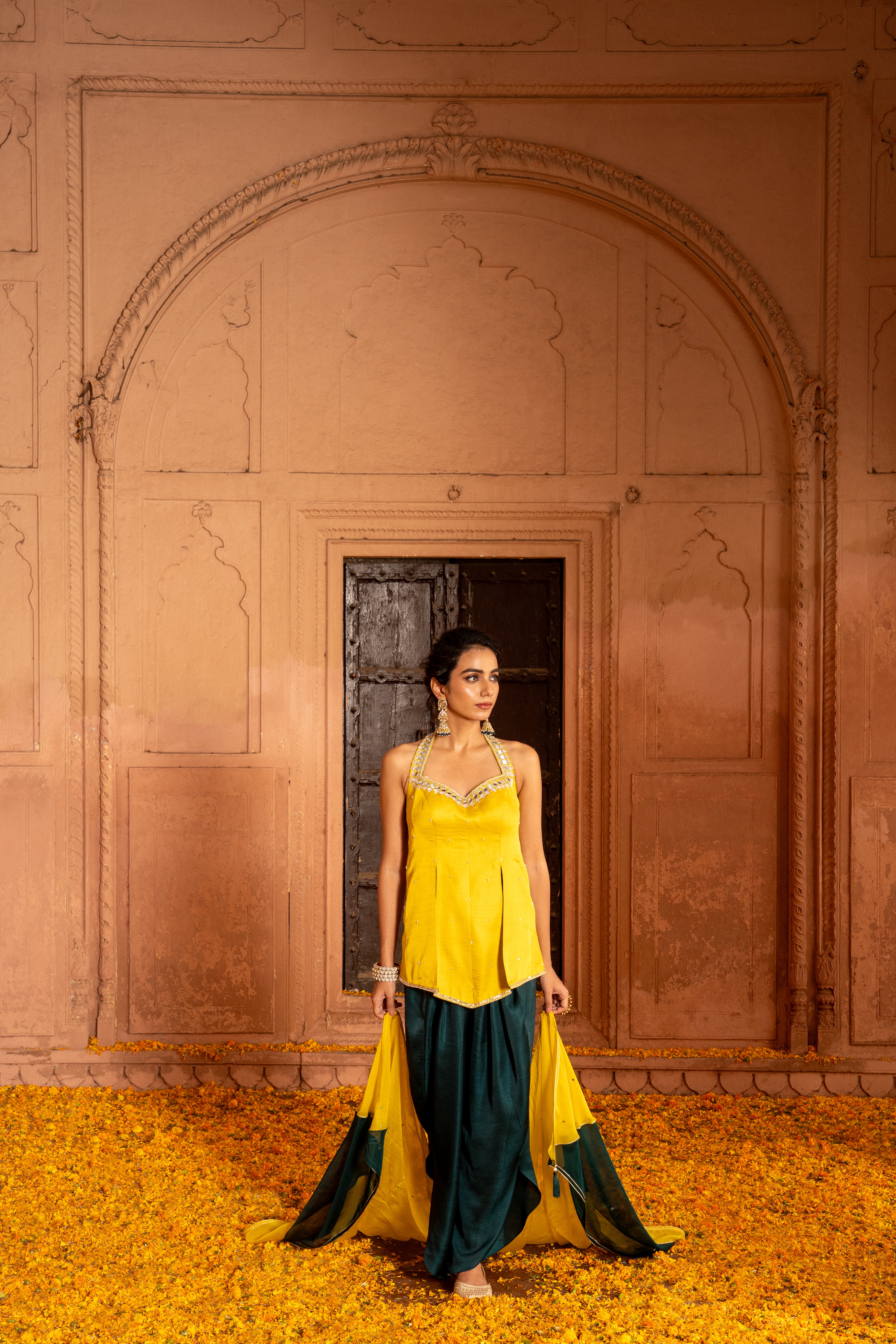 MUSTARD SHORT KURTA WITH TULIP SALWAR SET