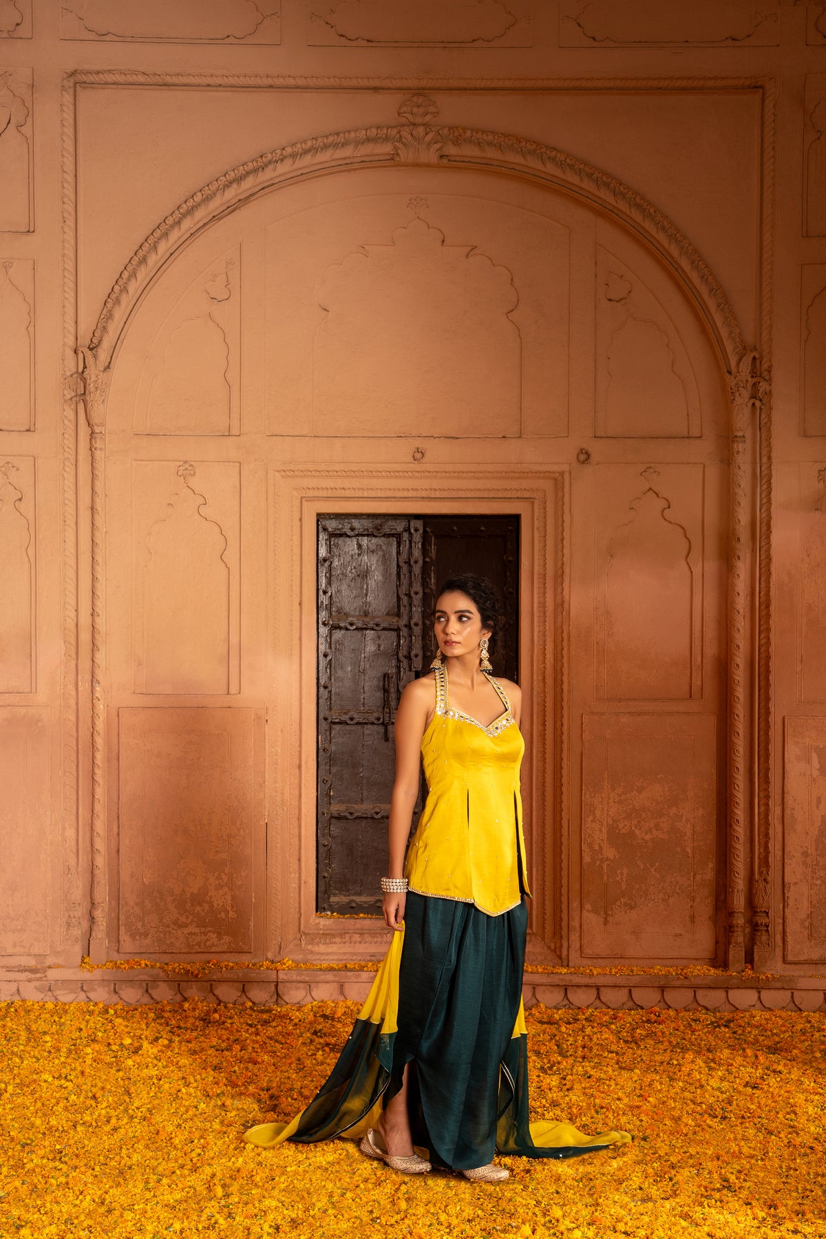 MUSTARD SHORT KURTA WITH TULIP SALWAR SET