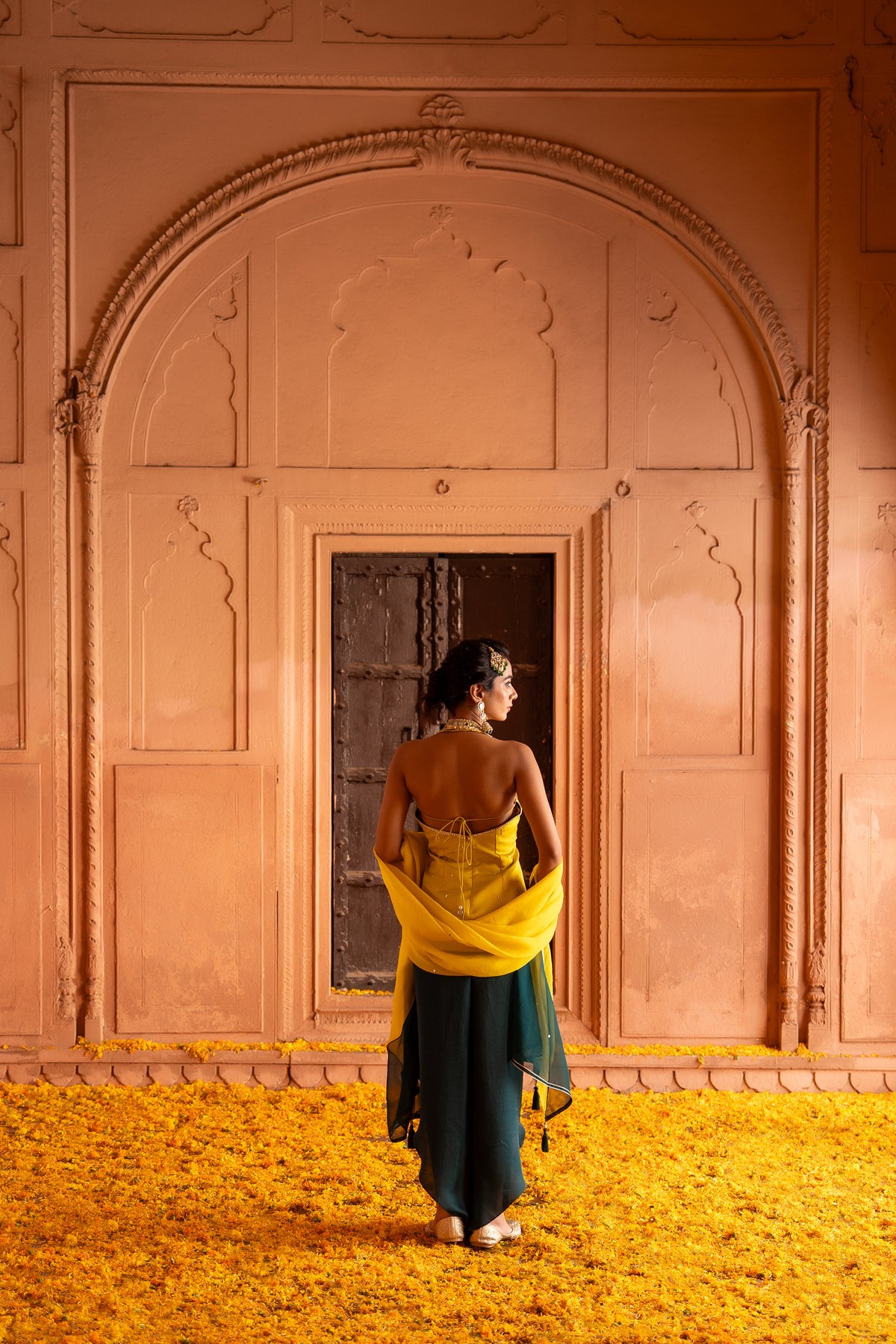 MUSTARD SHORT KURTA WITH TULIP SALWAR SET
