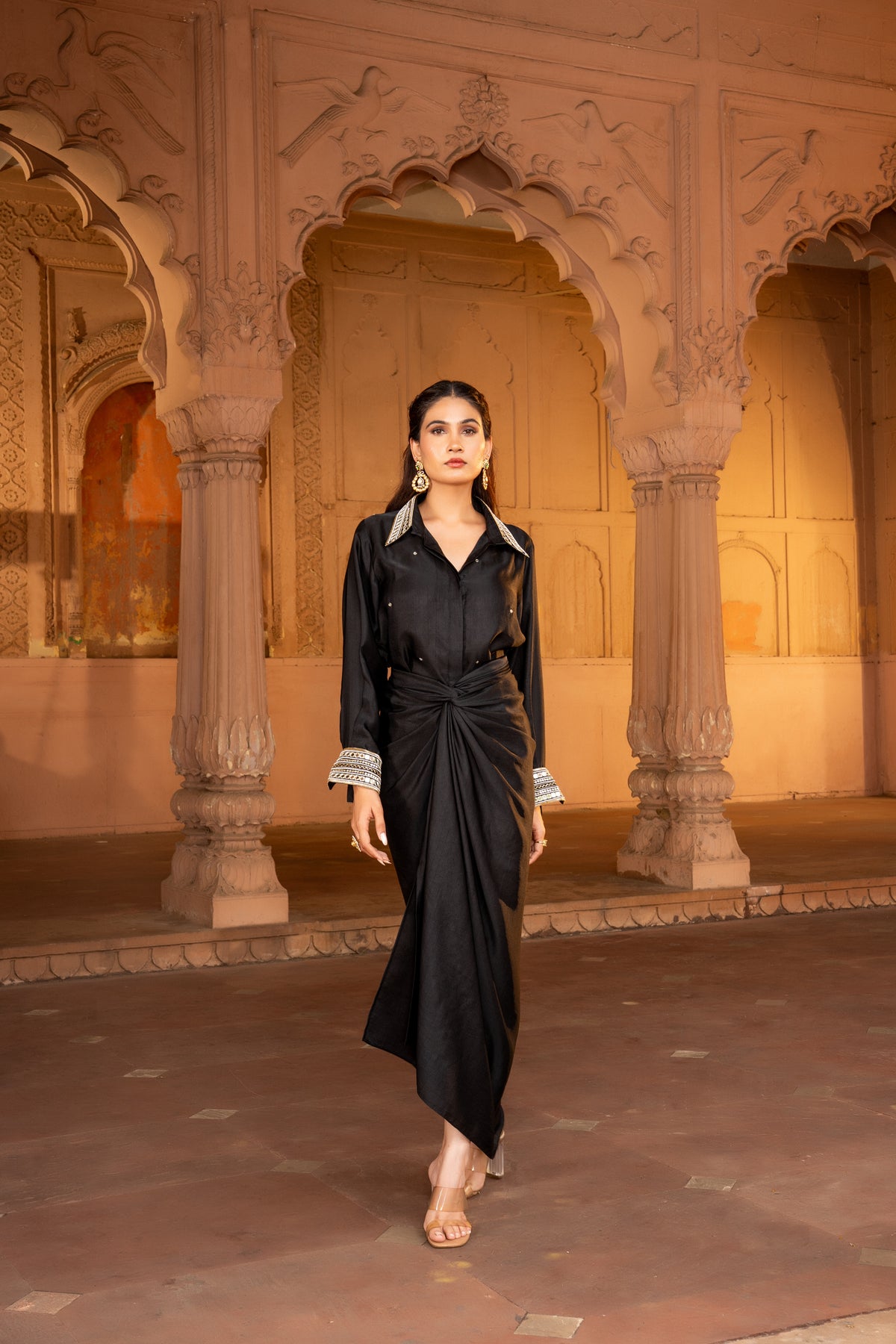 BLACK DRAPE SKIRT AND SHIRT SET