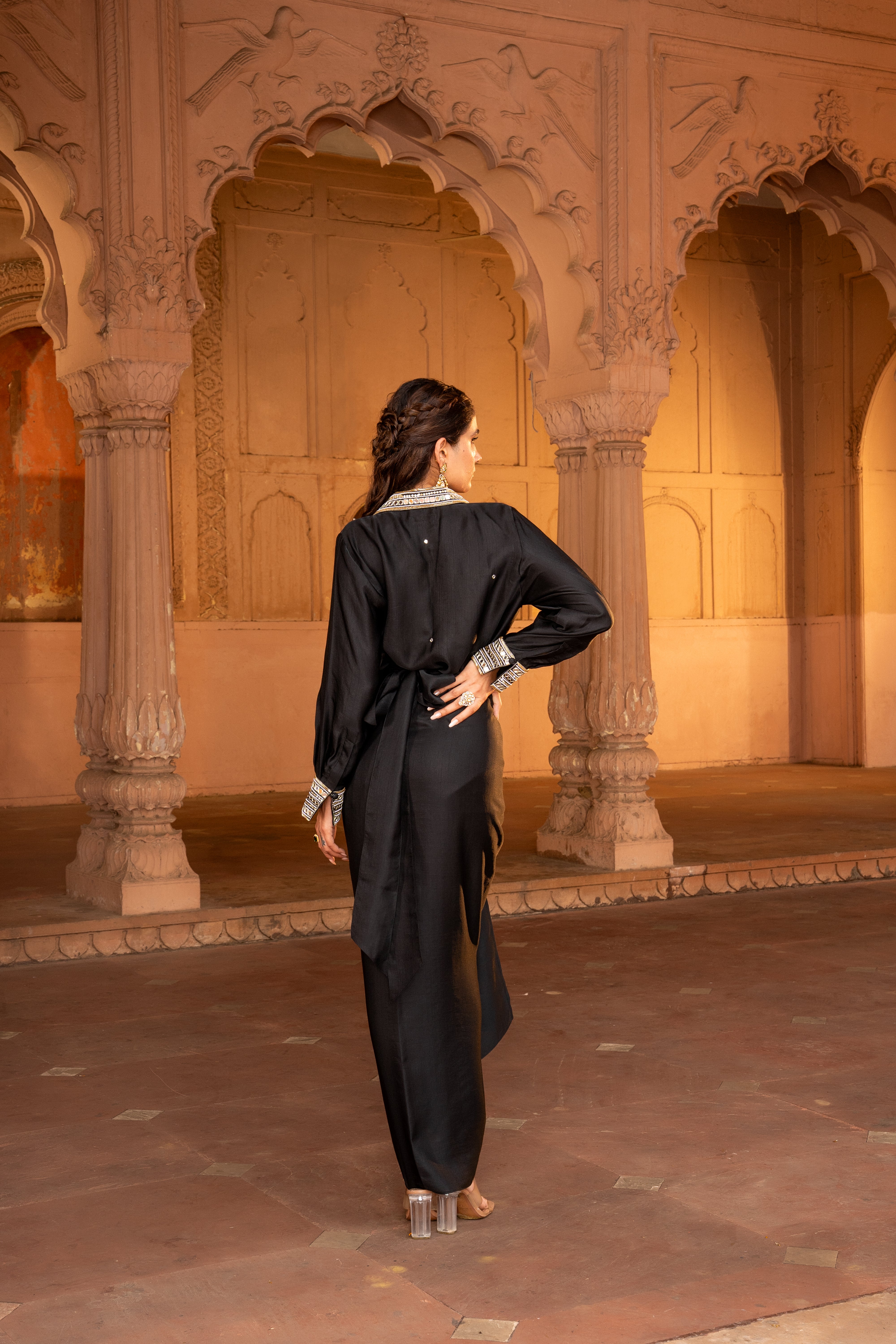 BLACK DRAPE SKIRT AND SHIRT SET