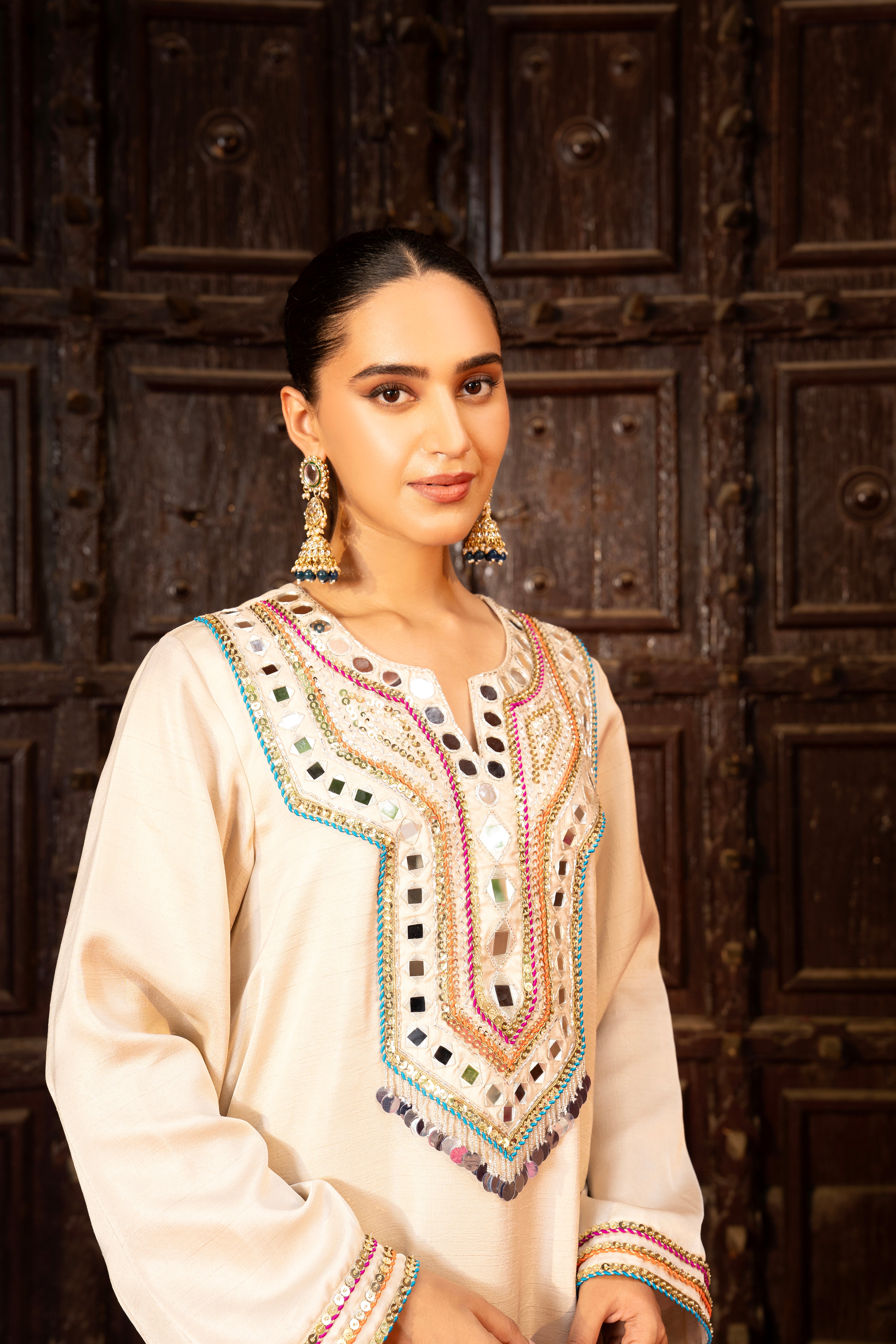 Champagne Beige Embellished Kaftan Dress