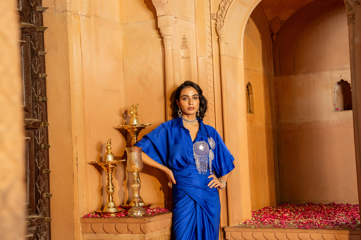 ROYAL BLUE DRAPE SKIRT AND SHIRT SET