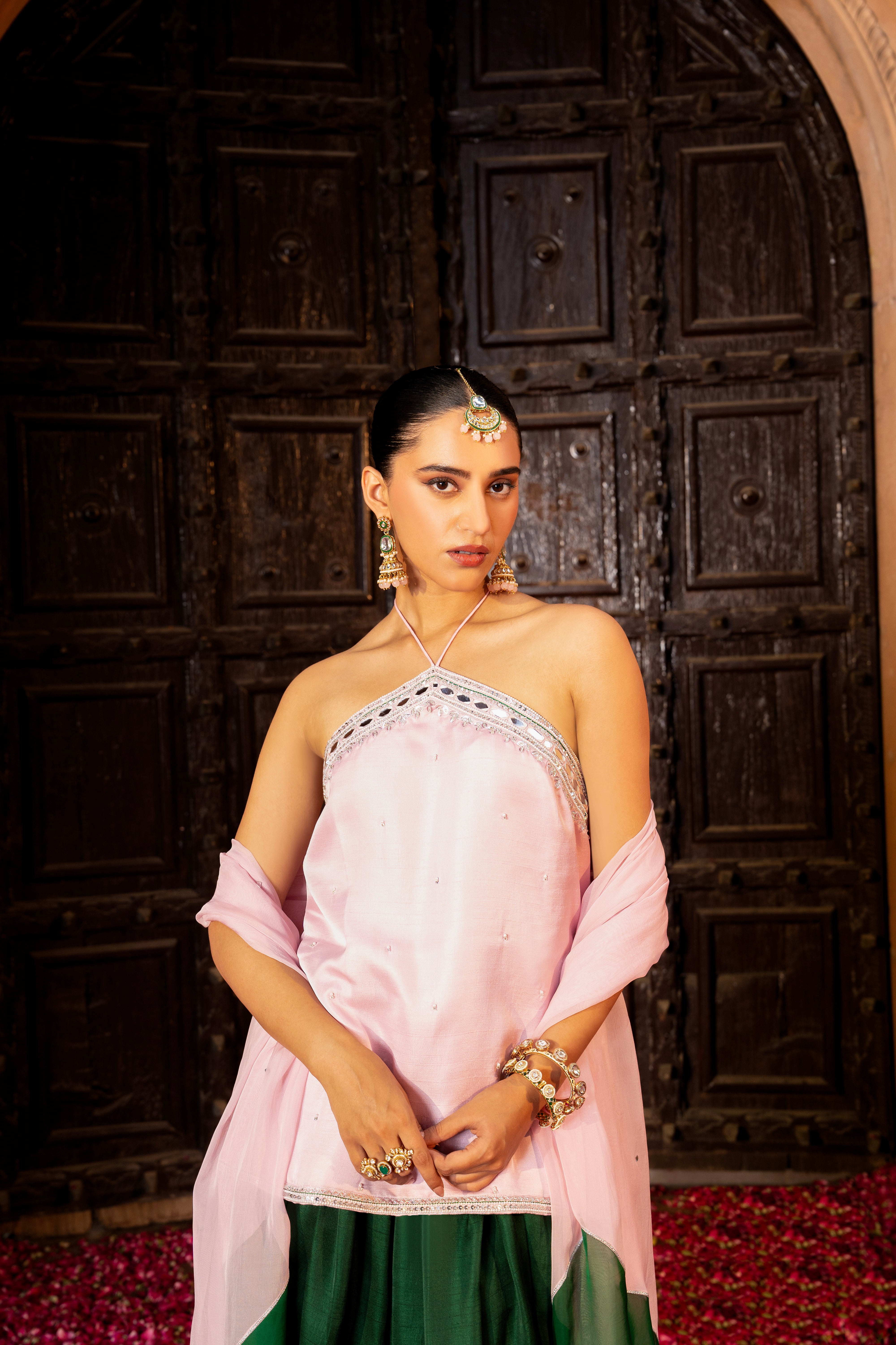 PINK HALTER SHORT KURTA WITH TULIP SALWAR SET