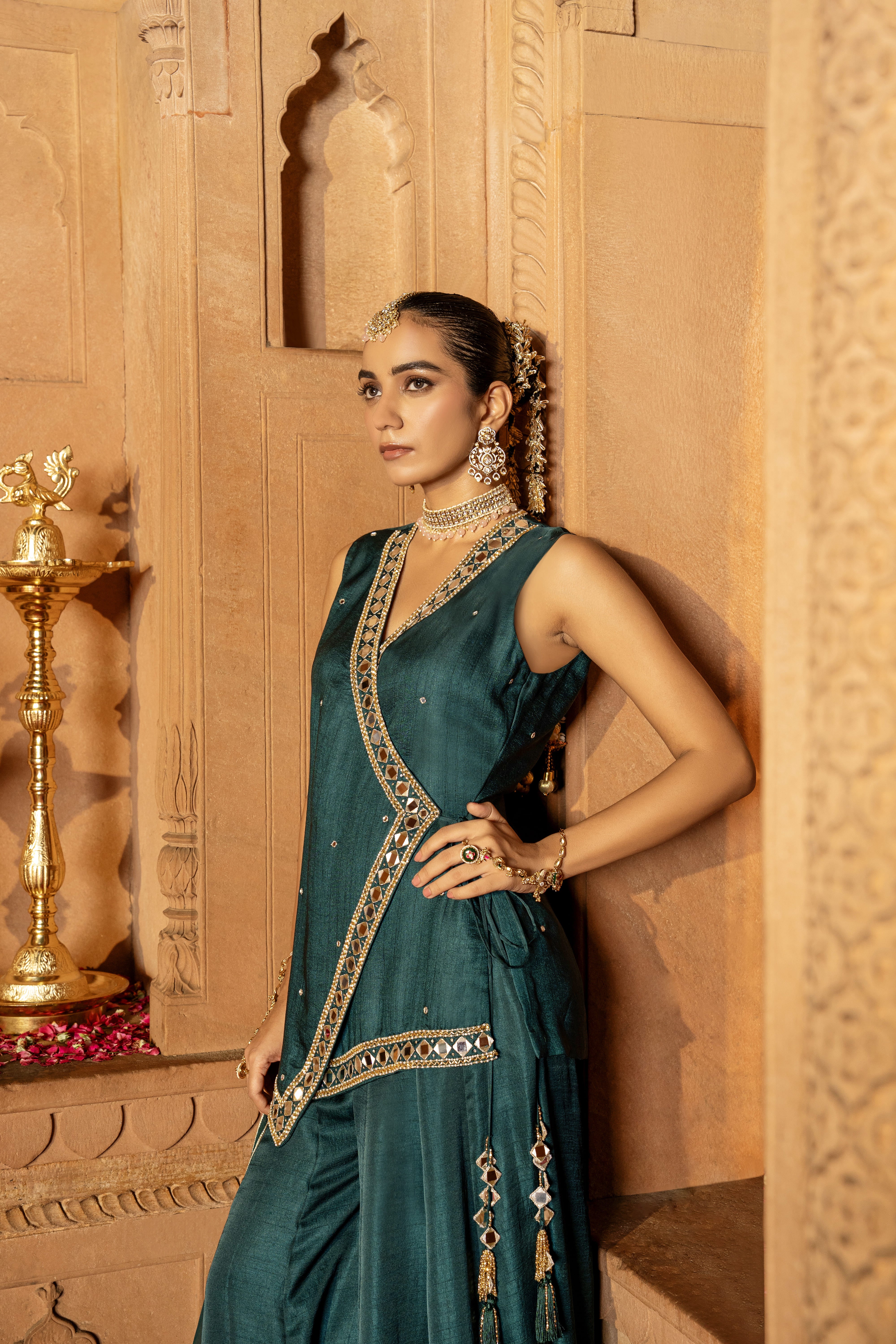 DEEP TEAL ANGRAKHA KURTA & SHARARA SET