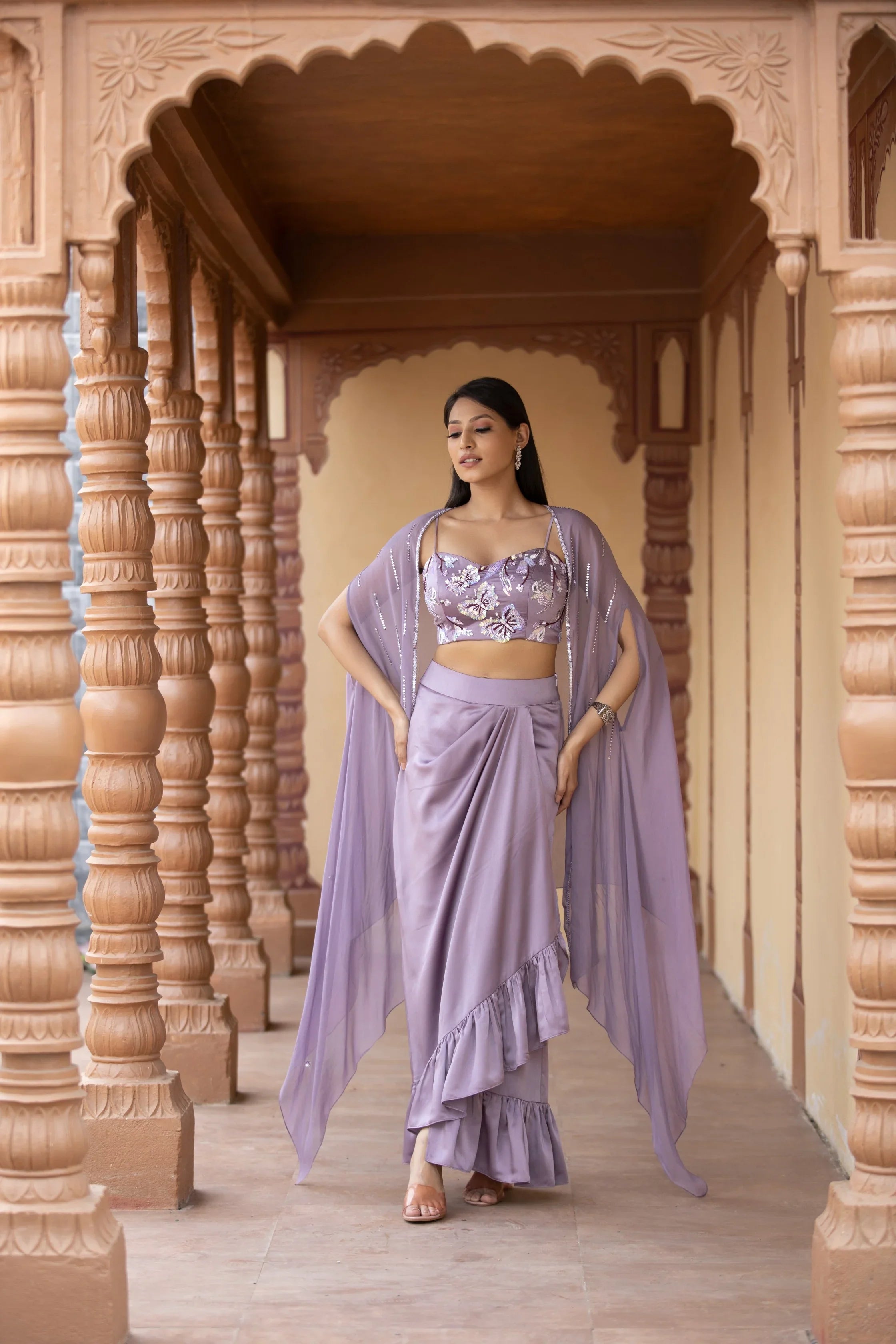 Lilac Butterfly Crop Top with Ruffle Drape Skirt