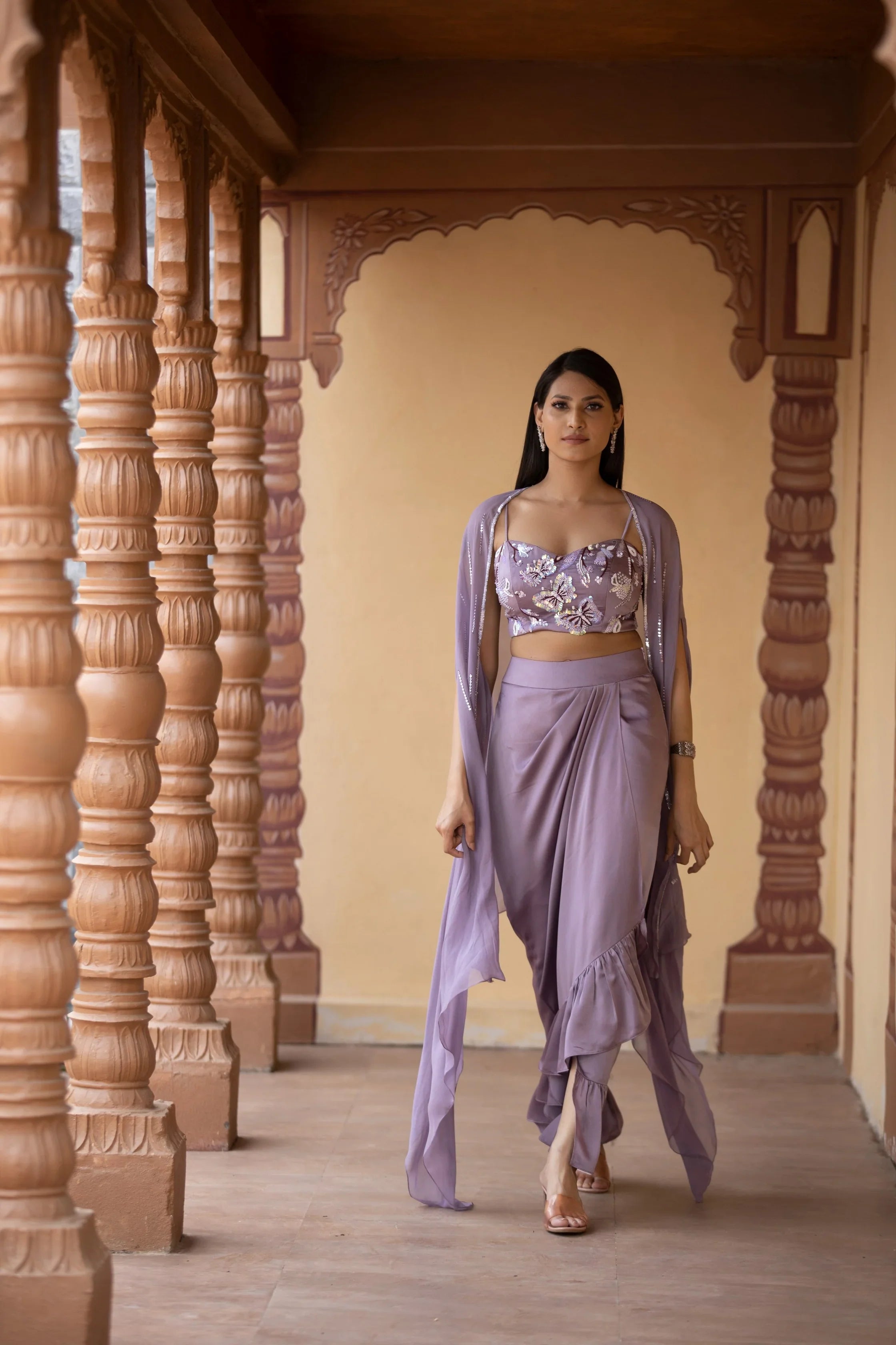 Lilac Butterfly Crop Top with Ruffle Drape Skirt