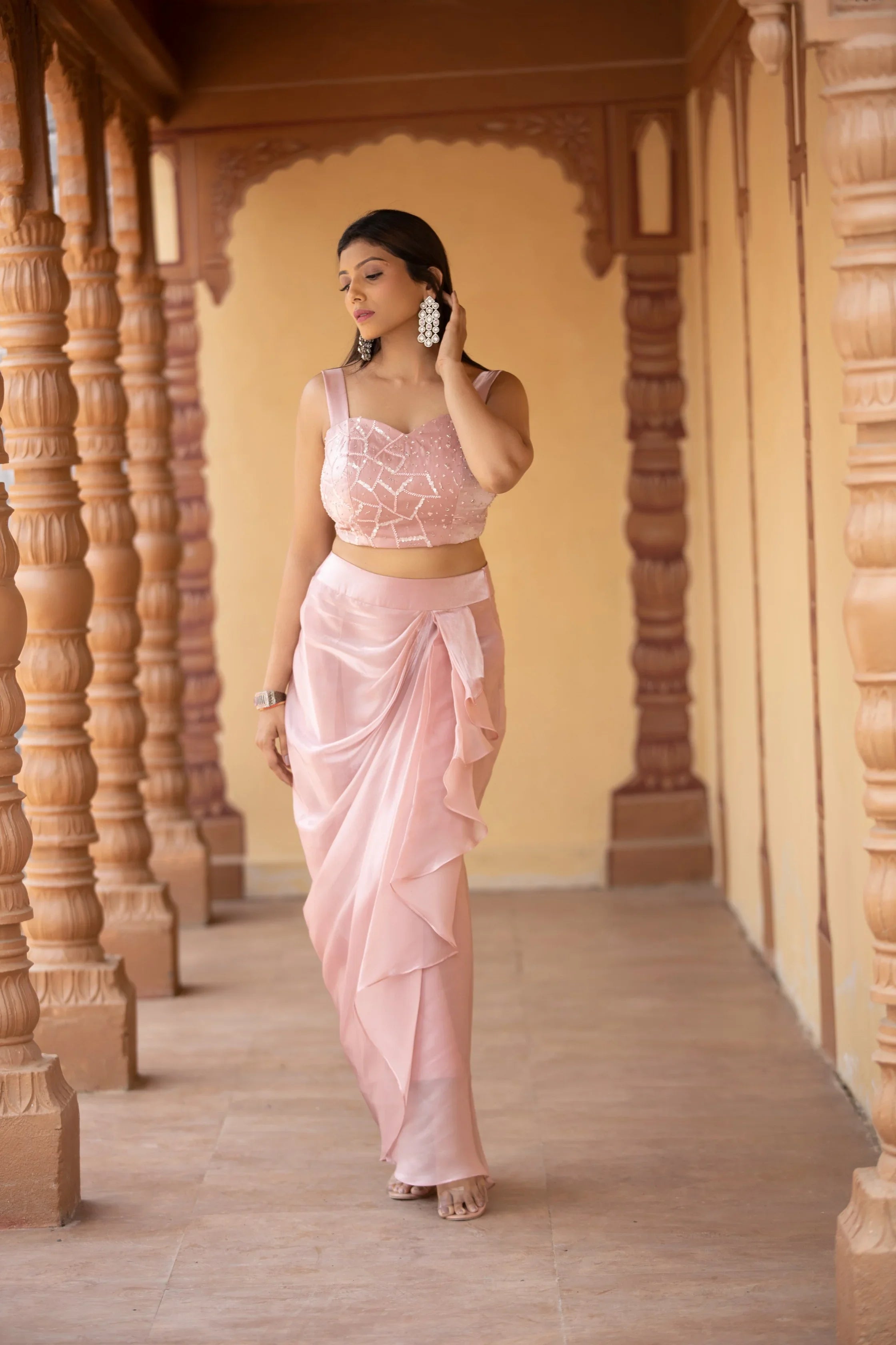 Warm Pink Drape Skirt and Crop Top
