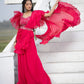 Hot pink ruffle sharara saree with detachable belt