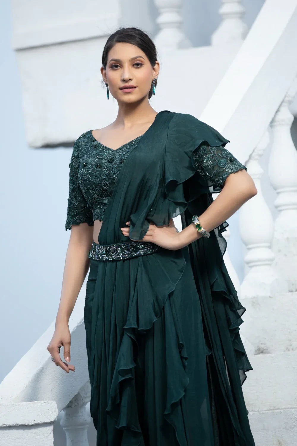 Green Ruffle Drape Saree