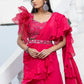 Hot pink ruffle sharara saree with detachable belt